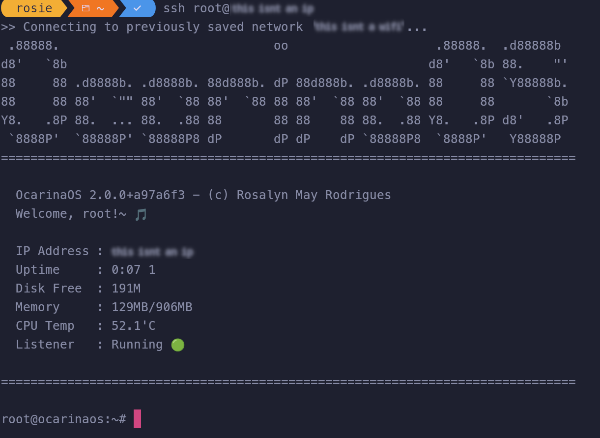 OcarinaOS SSH login screen